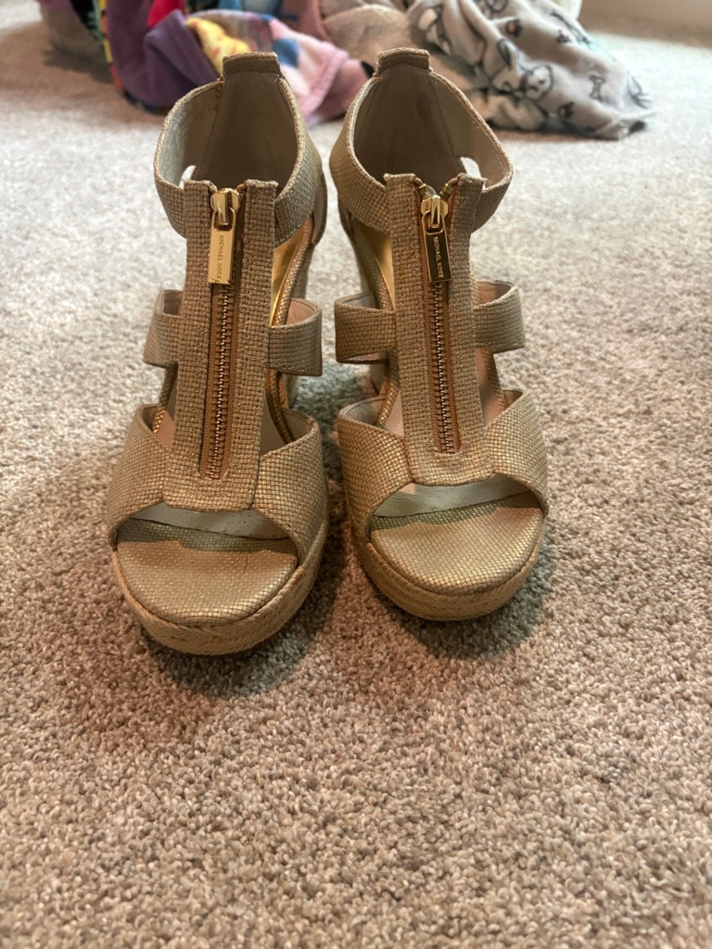 Michael Kors Beige/Tan Braided Espadrille Wedge Sandals